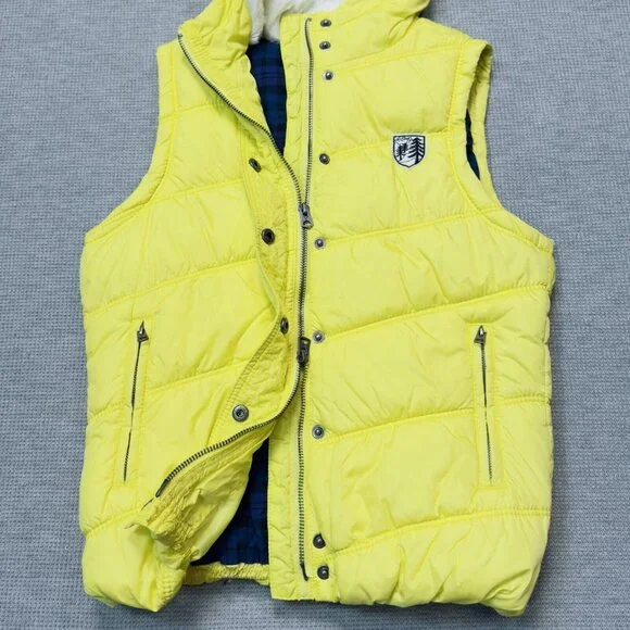 American Eagle Womens Yellow Puffer Vest Faux Fur Hooded Zip Pockets Size Small - Picture 6 of 16